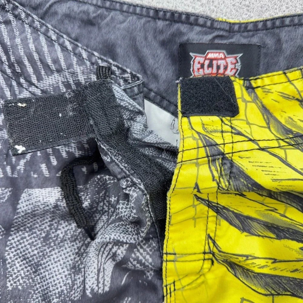 MMA Elite Board Shorts Men Large Yellow Gray Swim Trunks Skull Wings AOP Y2K
